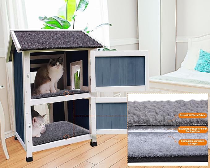 Rockever Outdoor Cat House, 2 Story Outdoor Houses for Feral Cats Wooden Outside Cat Shelter Weatherproof with Escape Door