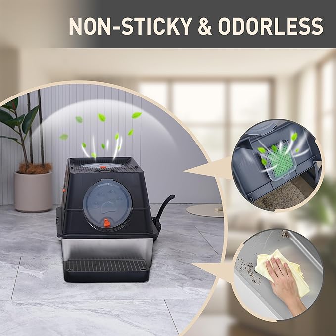 Citylife Stainless Steel Litter Box with Lid XL Large Enclosed Metal Box Anti-Leakagecat Litter Box Stainless Steel Includes Scoop, Odor Control Easy Cleaning, Black