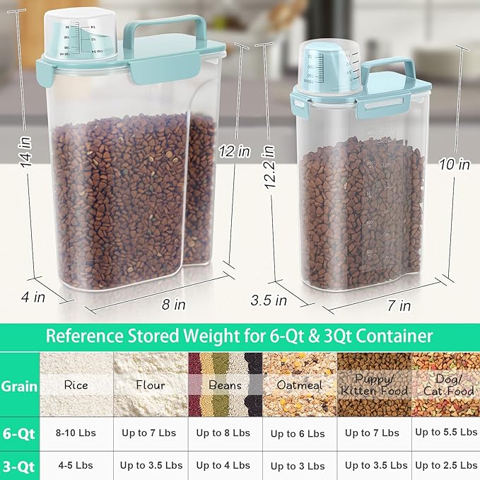 TBMax Rice Container 2 Pack, Airtight Cereal Container Oatmeal Storage with Easy-pouring Spout & Handy Cup for Flour Grain Beans, Pet Dog Cat Bird Food Storage Dispenser-Sky Blue