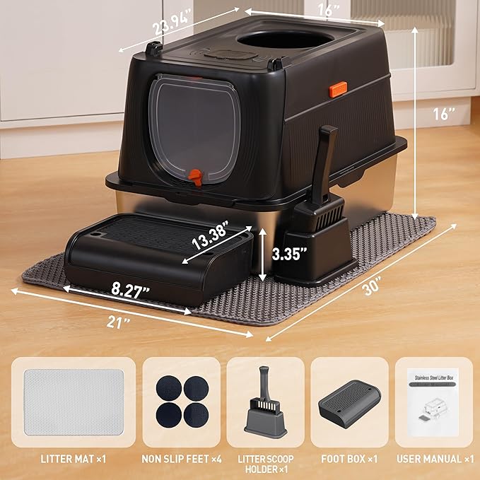 Citylife Stainless Steel Cat Litter Box with Lid, Front & Top Entry Extra Large Metal Kitty Litter Box Enclosure with Scoop & Double Layer Mat, Anti-Leakage, Non-Sticky, Black