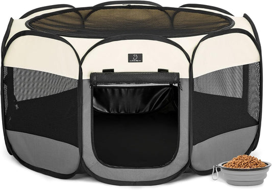 A4Pet Cat Playpen, 39.5” Pop Up Dog Playpen with Bowl, Suitable for Puppies, Kittens, and Small Animals, Removable Zipper & Mesh Panel(16”W × 10”H)