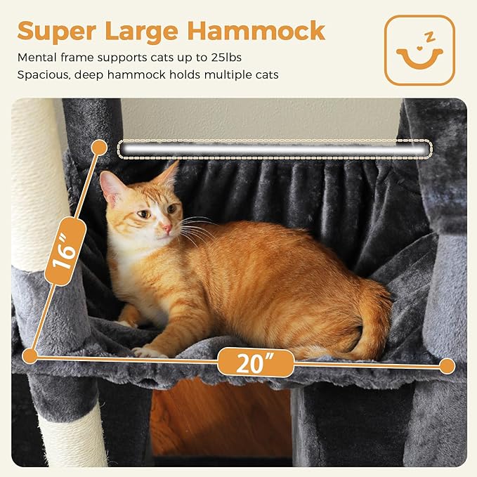 71 Inch Tall Cat Tree for Indoor Cats Large Adult, Multi-Level Cat Tower with Extra Large Hammock, 2 Cat Caves, Spacious Top Perch, Scratching Pad, Dark Grey