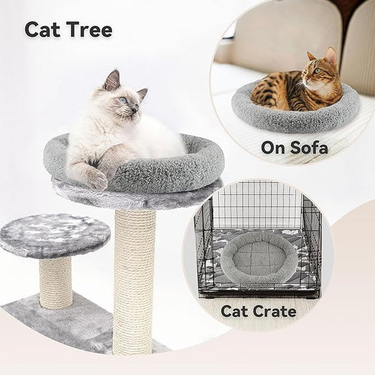 PETLESO Small Cat Bed Mat with Surrounding Pillow, 13.78" Round Soft Cushion for Cats Puppy Rabbits Curling Sleep, Indoor Furniture/Carrier/Crate Pet Self Warming Anti Skid Pad, Washable, Small