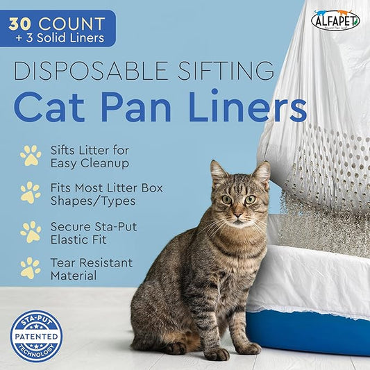 Alfapet Sifting Cat Litter Box Liners - Jumbo 30 Count, Pack of 5 - Tear-Resistant Cat Litter Bags, Waterproof Kitty Litter Liners, Fits Litterbox Pan Sizes X-Large, X-Giant, 37" x 18" 30 lb Capacity