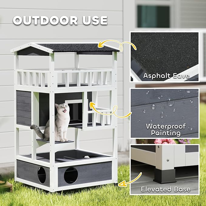 PawHut Wooden Outdoor Cat House, Feral Cat Shelter Kitten Condo with Asphalt Roof, Escape Doors, Condo, Jumping Platform, Gray