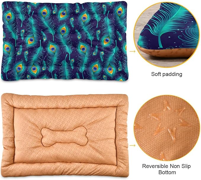 Peacock Feather Pet Bed Cute Dog Bed Mat Absorbing Non Slip Pad Pet Sleeping Mat for Small, Medium, and Large Dogs Puppy Cat 24 in x 18 in