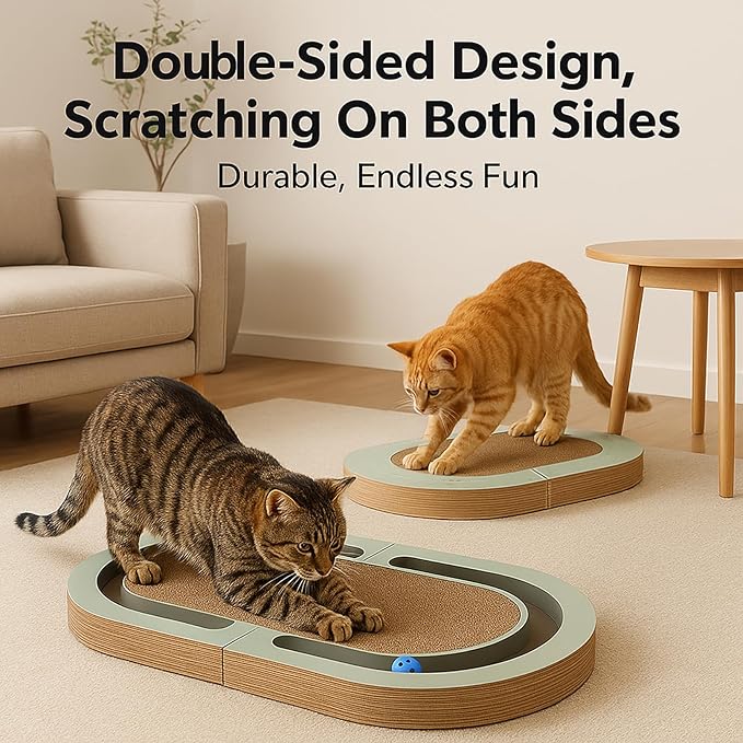 Extra Long 26" Folding Cat Scratch Pad with Chasing Bells Double Sided Interactive Cardboard Cat Scratcher Cat Scratching Board for Cats Cardboard Scratching Pads for Indoor Cat Toy