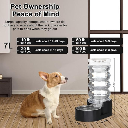 RIZZARI Dog Food Water Dispenser: 7L Automatic Black Large Stainless Steel Fountain with Filter - Gravity Water Feeder - Healthy Hydration for Pets Indoors Outdoors