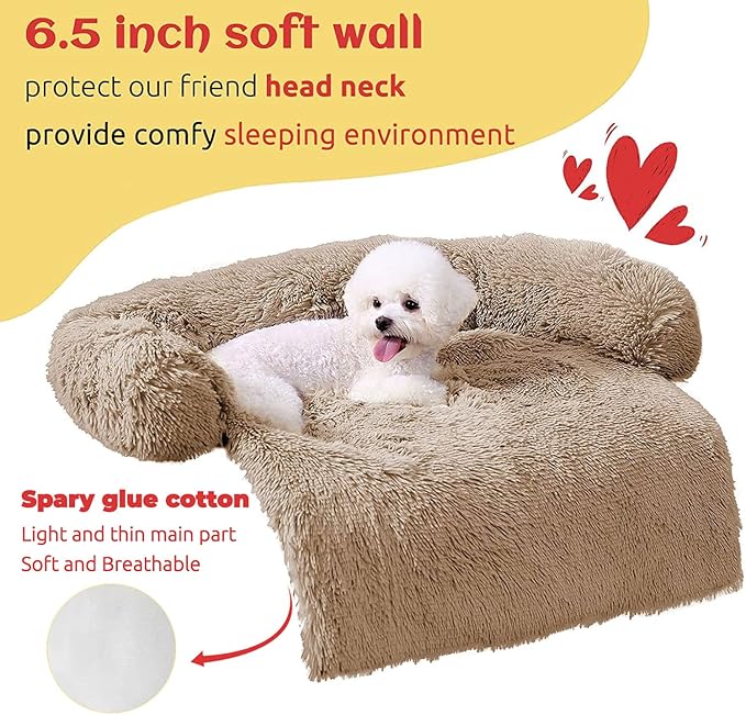 HACHIKITTY Calming Pet Sofa Bed Mat, Washable Plush Couch Cover, Furniture Protector Mat for Dogs and Cats, Fluffy Dog Couch Bed with Anti-Slip Bottom (40"x 38"x 6", Camel)