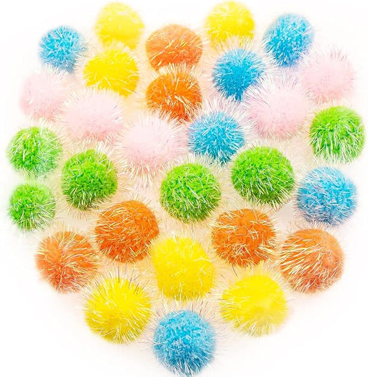 VAPKER 30 Pcs Cat Toys - Extra Large 2 Inch Sparkle Balls, Cat's Favorite Chase Glitter Tinsel Pom Poms, Assorted Colors