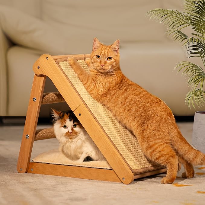 Sisal Cat Scratcher Ramp with Cushion, 20" x 14.1" Large Foldable Scratch Board Cats Scratching Post, Wooden Cat Furniture