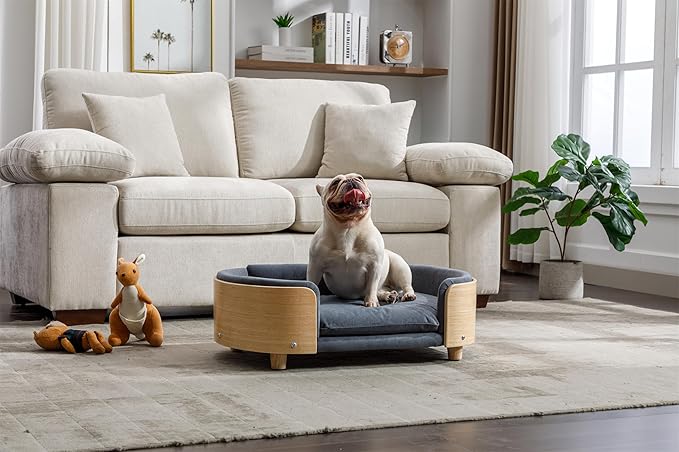 HomSof 30.7" Scandinavian Style Elevated Dog Bed Pet Sofa with Solid Wood Legs and Bent Wood Back,Velvet Cushion,Mid Size,Dark Grey