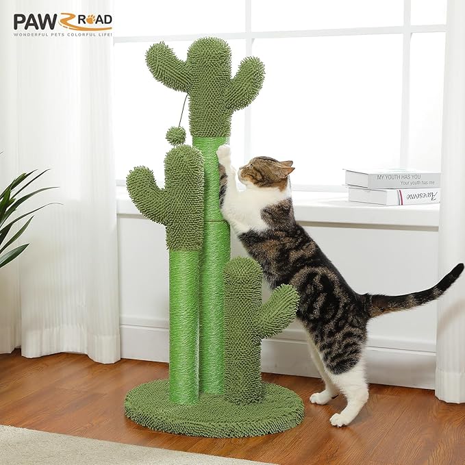 PAWZ Road Cat Scratching Post Cactus Cat Scratcher Featuring with 3 Scratching Poles and Interactive Dangling Ball - 35 Inches