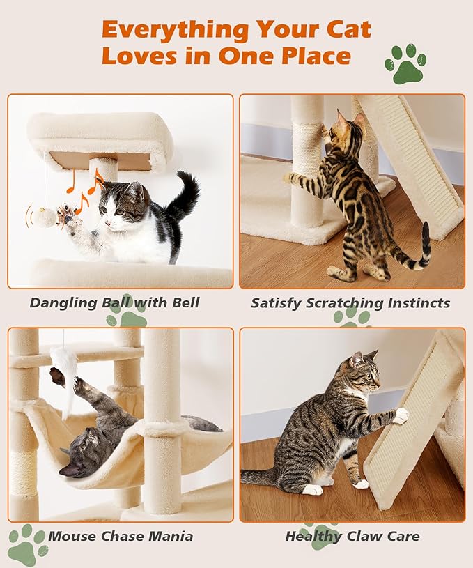 AMHANCIBLE Large Cat Tree, 83 Inch Multi-Level Tall Tower for Indoor Adult Cats, with Scratching Post and Board, Hammock, Condos, Hanging Basket, Activity Center to Play and Sleep, Beige, PT21BG