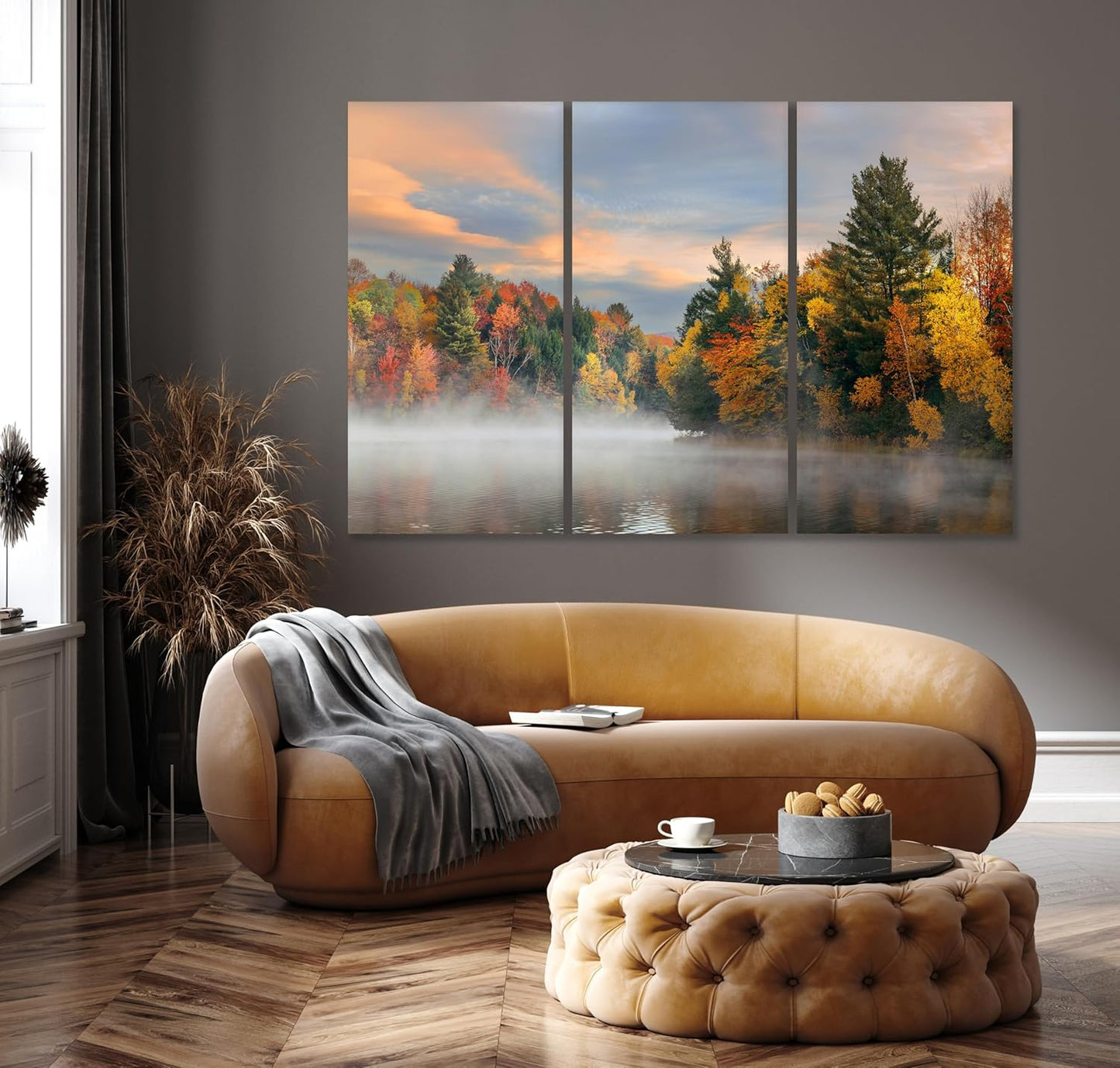 Nature Wall Art Prints - Ocean Forest Mountain Lake Canvas Landscapes - Small to Extra Large Living Room Bedroom Kitchen Bathroom Décor (Misty Fall Reflection, 55L" x 83W"- 3 Panels)