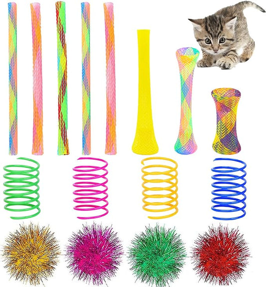 ISMARTEN 45-Piece Cat Toy Set - Springs, Balls, Tube, Pom Poms for Kittens to Swat, Bite, Hunt (Random Color)