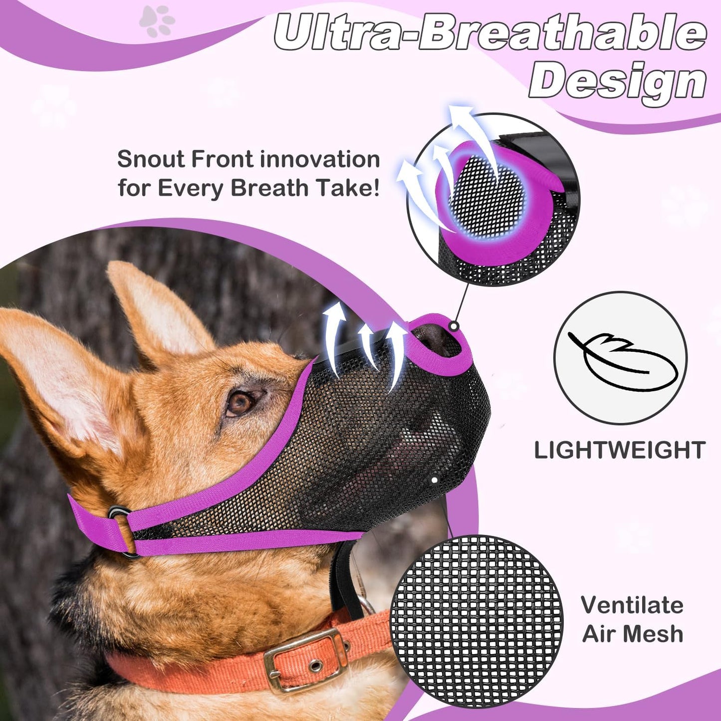 Dog Muzzle, Soft Air Mesh Muzzle for Small Medium Large Dogs Anti Biting Barking Chewing Scavenging, Breathable Adjustable Loop Pets Muzzle with Front Opening Design Allows Panting Drinking(Purple,XL)