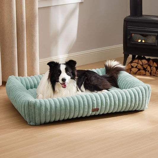Bedsure Washable Dog Bed for Large Dogs - Cute Furry Puppy Beds, Rectangle Orthopedic Corduroy Fleece Pet Beds with Removable Zipper Cover, 43x30x8inches, Green