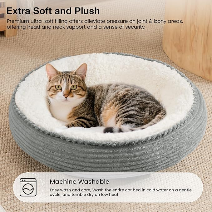 Love's cabin Round Donut Cat and Dog Cushion Bed, 20in Pet Bed for Cats or Small Dogs, Anti-Slip & Water-Resistant Bottom, Super Soft Durable Fabric Pet beds, Washable Luxury Cat Dog Bed Stripe Grey