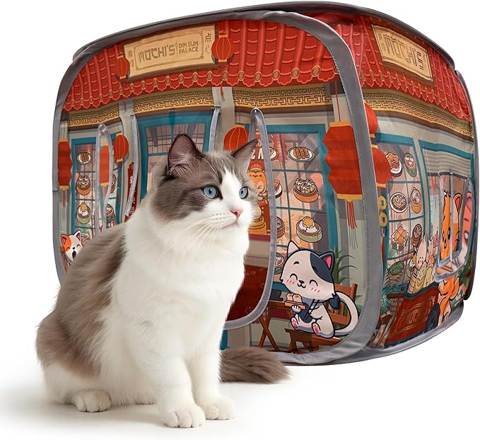Capnip Cat House & Tent for Indoor Cats – Pop-Up Cat Tent House with Catnip Toy, Restaurant Theme for Cats & Kittens, Mochi’s Dim Sum Palace