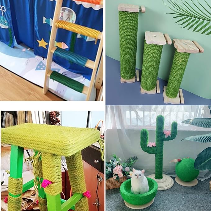 Green Cat Sisal Rope 6mm,JSPYFITS 1/4 inch Premium Durable Unoiled Sisal Twine for Repairing, Recovering or DIY Scratcher, Twisted Fiber Hemp Rope for Cat Tree and Tower (10M/33FT)