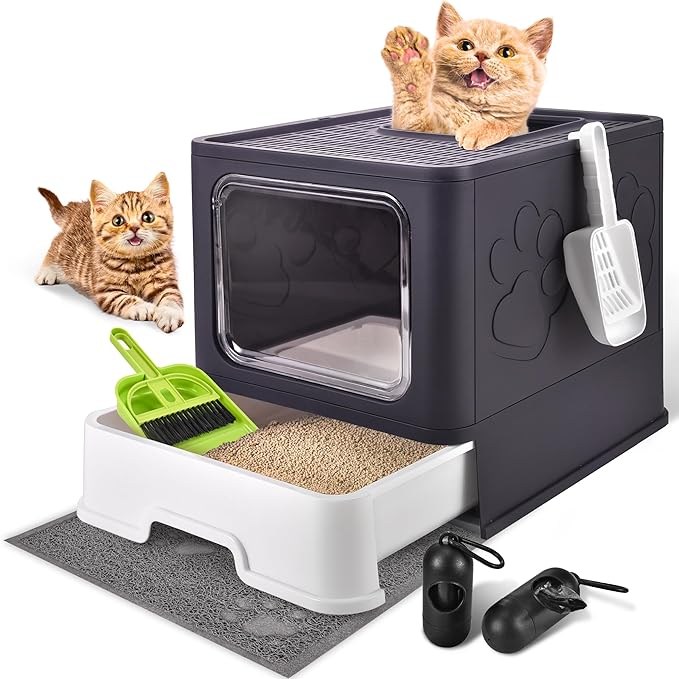 Cat Litter Box with Litter Mat, Foldable Extra Large Free in and Out/One-Way with Lid, Drawer Type Enclosed Kitty Litter Box,Odor Control Anti-Splashing Easy Cleaning (Purple)