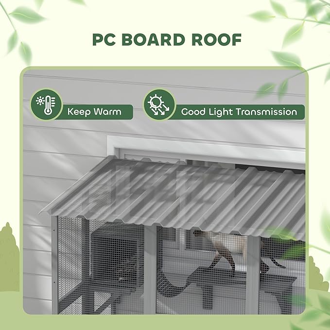 PawHut Catio Outdoor Cat Enclosure Window Box, Wooden Cat House Playground with Scratching Posts, Weather Protection Roof for 1-2 Kitties, Resting Boxes, 68" x 35.5" x 70.5", Gray
