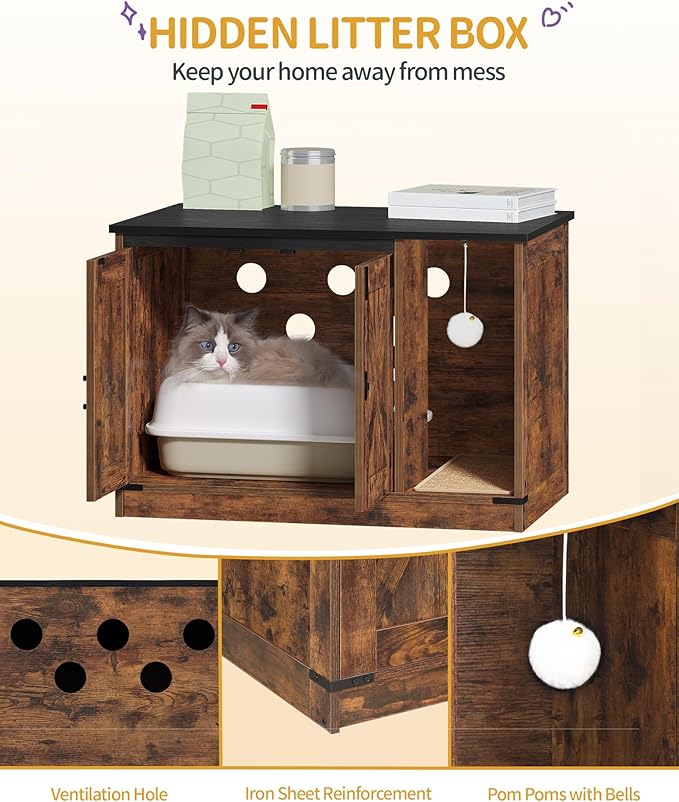 Cat Litter Box Enclosure, Hidden Litter Box Cabinet Furniture with Bell, Indoor Cat House, Farmhouse Style, 31.5 x 19.7 x 20.9Inches, for Hallway, Bedroom, Rustic Brown and Black CB82401X