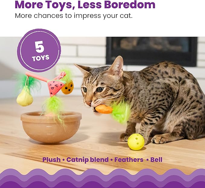 Catstages Hunt N' Wobble Fruit Bowl Wobbling Cat Toy with Five Catnip Toys, Jingle Ball, and Flingers, Multicolored