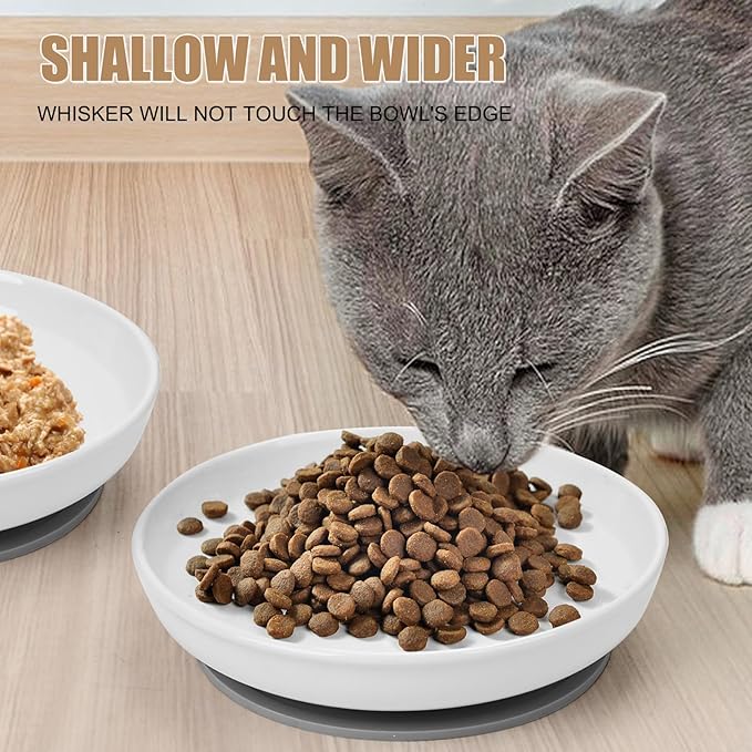 Shallow Ceramic Cat Bowls, 5.9 Inch Wide Cat Dishes Whisker Friendly, 3 Pack Pet Food and Water Plates with Non Slip Mats