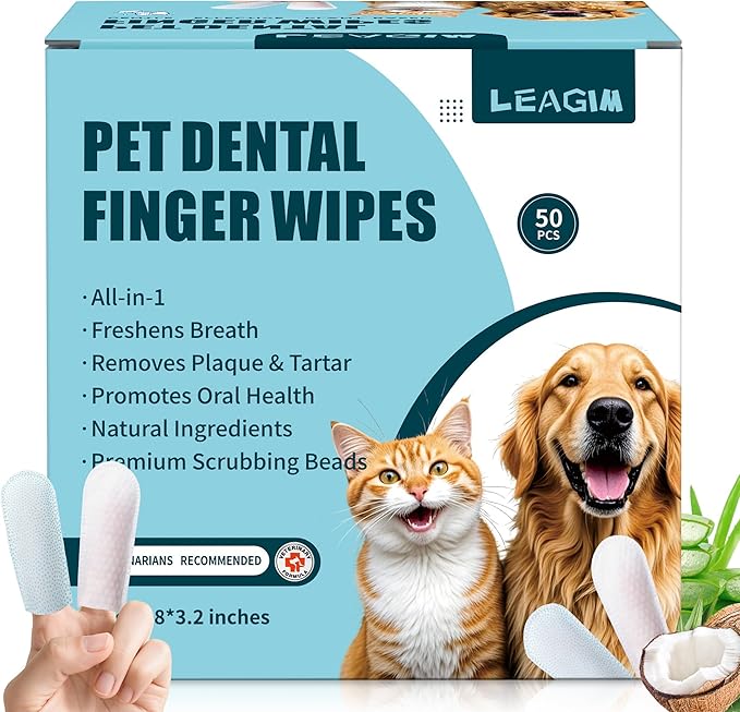 Dog Teeth Cleaning Wipes, Cat & Dog Toothbrush Brushing Kit, Dog Tooth Finger Dental Wipes to Remove Tartar & Plaque, Plant-Based Care Disposable Pet Wipes (50 Count, Uncented)