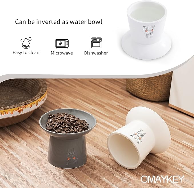 OMAYKEY 6.5 Inch Extra Wide Ceramic Raised Cat Bowls, Upgraded Elevated Porcelain Cat Food Water Bowl Dish, Stress Free Pet Feeder Bowls Dishes for Elder Big Cats & Small Dogs, White & Grey