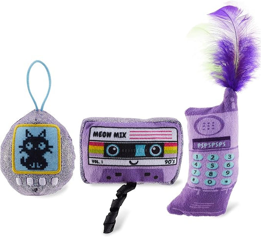 Catstages So Meowsome 90s Cat Toys, 3-Pack Catnip Plush Toys with Crinkle, Feathers & Dental Mesh, Multicolored