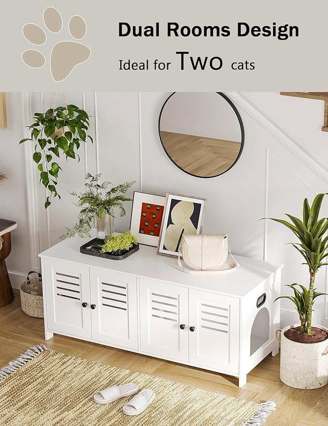 DINZI LVJ Litter Box Enclosure for 2 Cats, Hidden Litter Box Furniture with Double Rooms, Dual Cat Litter House, Front Doors, 47.2" Wooden Hidden Cat Washroom, Side End Table, TV Stand, White