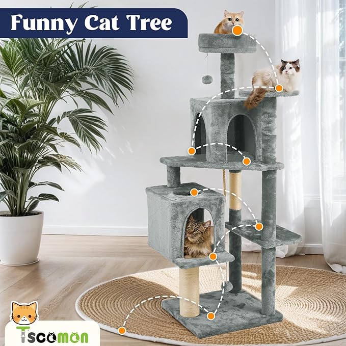 58.5inch Large Cat Tree Tower Condo for Indoor Cats, Soft Plush Multi-Level Climbing Tree Cat House, Scratching Post, More Entrance/Exit, Sisal Rope, Grey