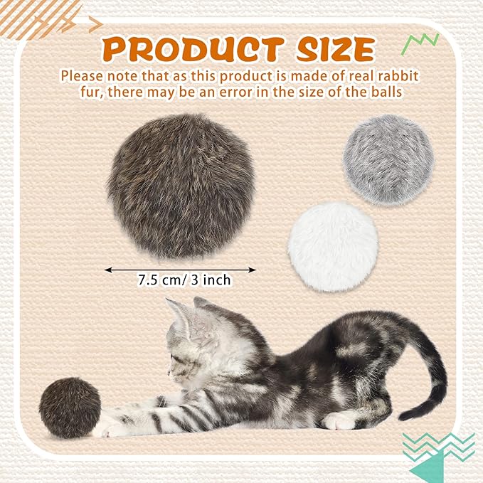 LEIFIDE 12 Pieces Real Rabbit Fur Pom Pom Kitty Cat Toy Fluffy Cat Balls Soft Fuzzy Balls for Kitty Pets Kitten Chase Quiet Play, 3 Inches in Diameter(Gray, Coffee, White)