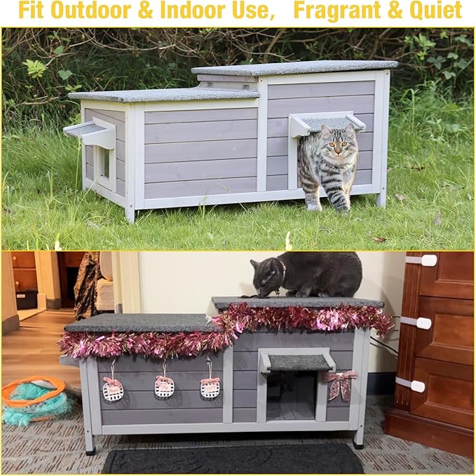 Aivituvin Outdoor Cat House，Double Rooms Waterproof Outside Feral Cat Shelter for Winter 100% Wood