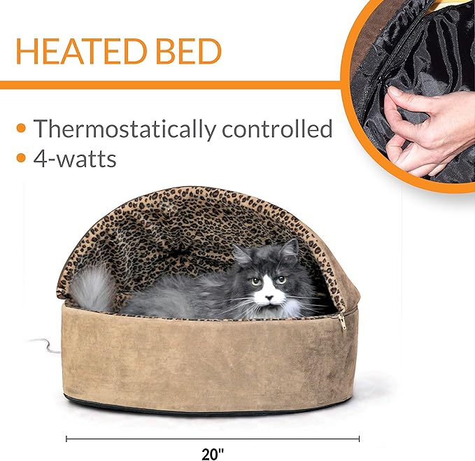 K&H Pet Products Thermo-Kitty Bed Deluxe Heated Cat Bed for Large Kitties - Indoor Heated Pet Bed for Dogs & Cats, Covered Cave Pet Tent, Machine Washable, Safety Listed - Large 20in Tan/Leopard
