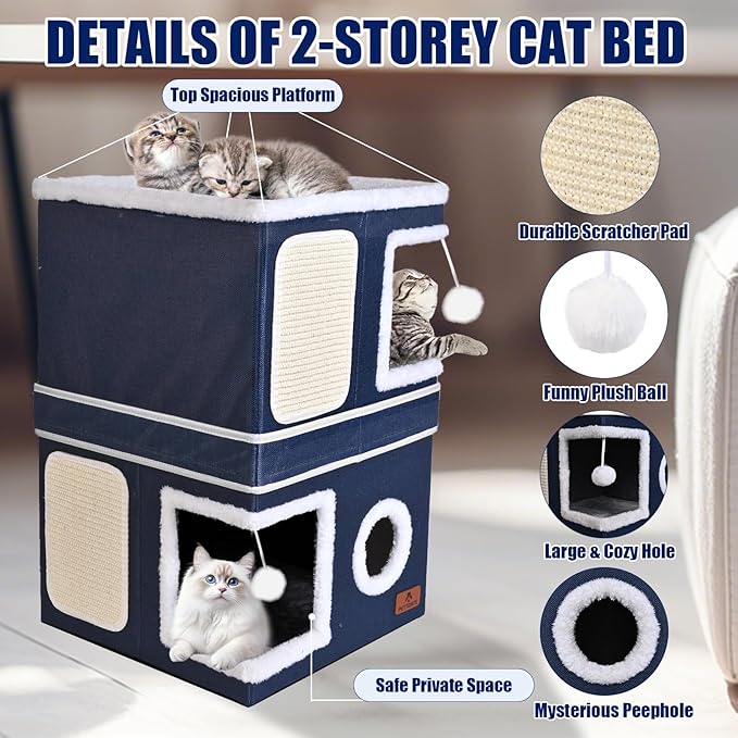2-Story Cat House for Indoor Cats, Dual-Purpose Cat Cave Bed with Scratch Pad and Fluffy Ball, Foldable Cat Hideaway, Cute Cat Condo Furniture for Multi Small Pet Kitten, Blue