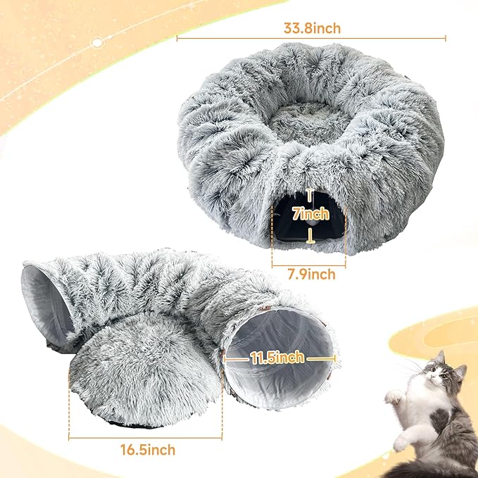 Cat Tunnel Bed with Central Mat - Soft Plush Cat Donut Tunnel, Big Tube Playground Toys, Removable and Washable Peekaboo Cat Cave, Circular Cat Tunnel for Kitten/Puppy/Rabbit, Gray