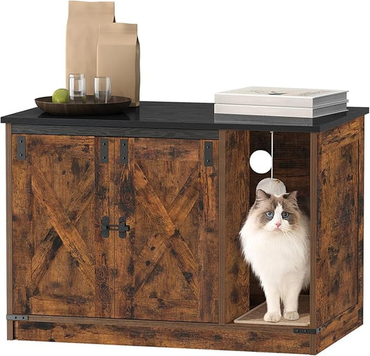 Cat Litter Box Enclosure, Hidden Litter Box Cabinet Furniture with Bell, Indoor Cat House, Farmhouse Style, 31.5 x 19.7 x 20.9Inches, for Hallway, Bedroom, Rustic Brown and Black CB82401X