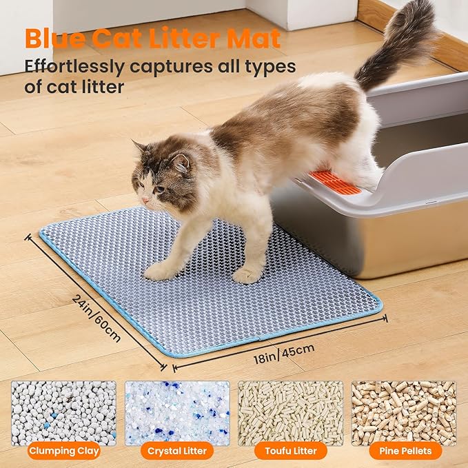 Cat Litter Mat, 24x18 Inches Large Double Layer Honeycomb Cat Litter Trapping Mat, Non Slip Waterproof Urine Proof Cat Litter Box Mat for Floor, Kitty Litter Rug, Cat Supplies, Blue