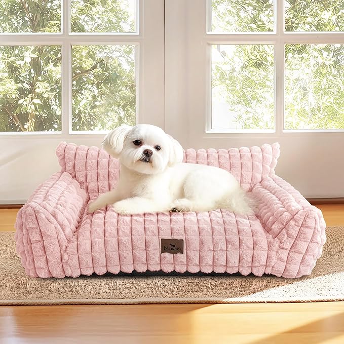 Cute Small Dog Couch Bed – Supportive & Fluffy Pet Sofa with Faux Rabbit Fur Washable Cover in 3D Diamond Pattern, 30" Pink