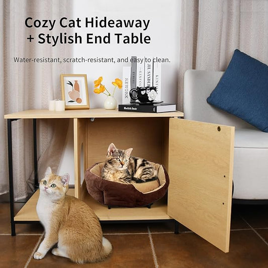 Modern Cat House Furniture with Metal Frame – 2-Tier Wood & Steel Cat Bed End Table, Hidden Cat Condo for Indoor Cats, 31.5" x 18.9" x 22", Rustic Natural Finish