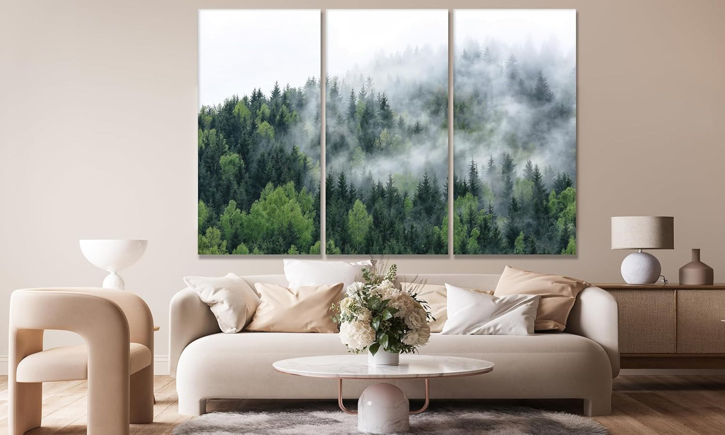 Nature Wall Art Prints - Ocean Forest Mountain Lake Canvas Landscapes - Small to Extra Large Living Room Bedroom Kitchen Bathroom Décor (Pine Trees in Fog, 39L" x 59W" - 3 Panels)