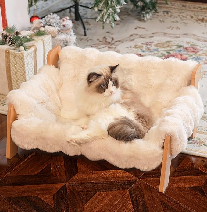 Elevated Cat Couch Bed for Indoor Cats, Wooden Cat Sofa with Removable Washable Fluffy Cover Raised Kitty Lounge Chair Suitable for Puppy(Cat Sofa Off-White)