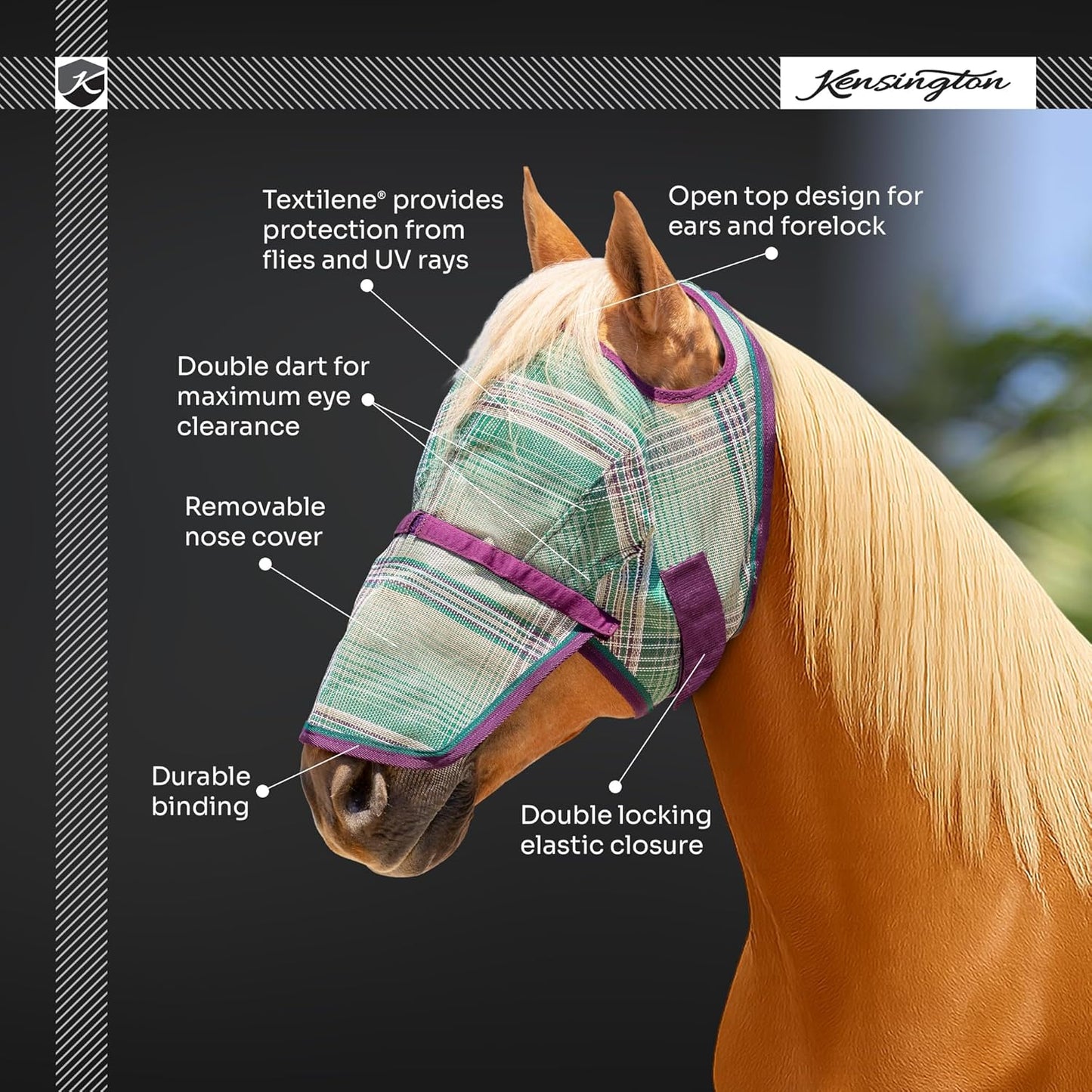Kensington Signature Fly Mask with Removable Nose — Protects Horses Face and Nose from Biting Insects and UV Rays While Allowing Full Visibility — Ears and Forelock Able to Come Through The Mask