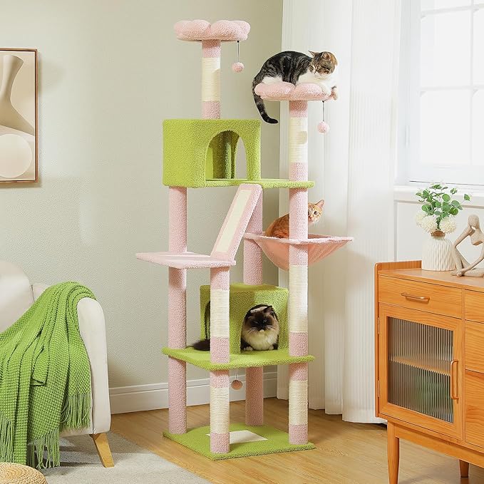 PAWZ Road 70 Inch Cat Tower, Pink Cat Tree with 2 Cozy Condos, 2 Plush Perch, Large Basket, 2 Scraching Pad & 6 Scraching Posts for Indoor Cats Large Adult