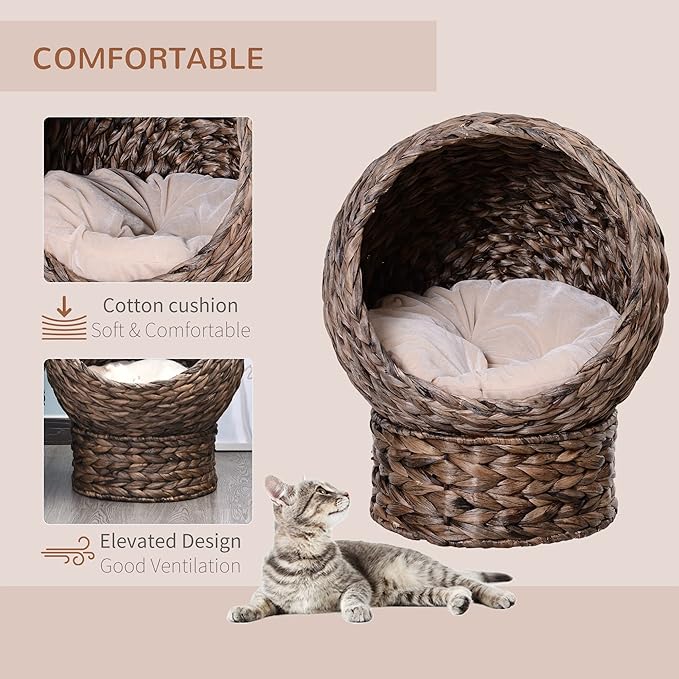 PawHut Handwoven Elevated Cat Bed with Soft Cushion & Egg Chair Shape, Basket Kitty House with Stand, Raised Wicker Cat Bed for Indoor Cats, 23.5" H, Gray