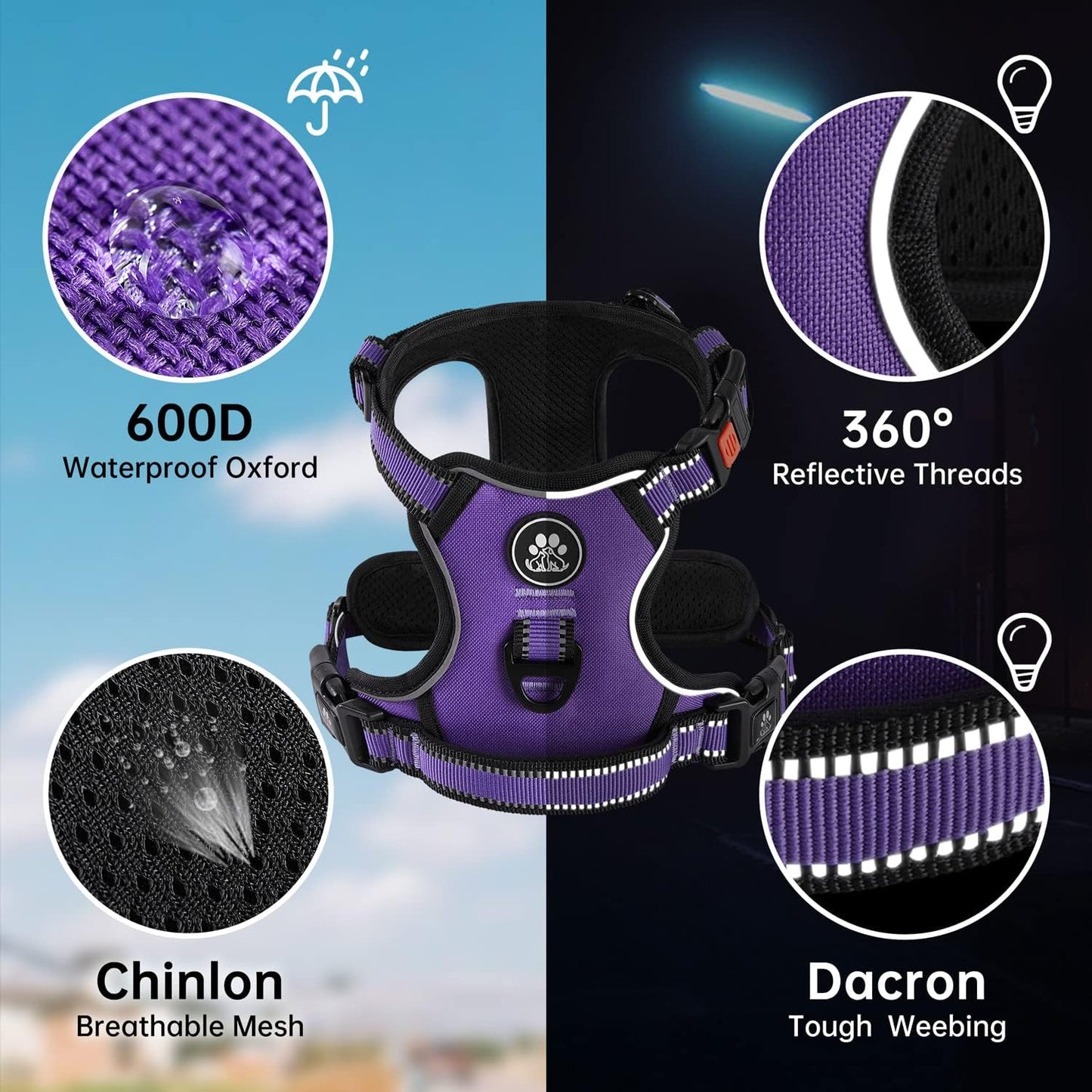 NESTROAD No Pull Dog Harness,Adjustable Oxford Dog Vest Harness with Leash,Reflective No-Choke Pet Harness with Easy Control Soft Handle for Small Dogs(Small,Purple)